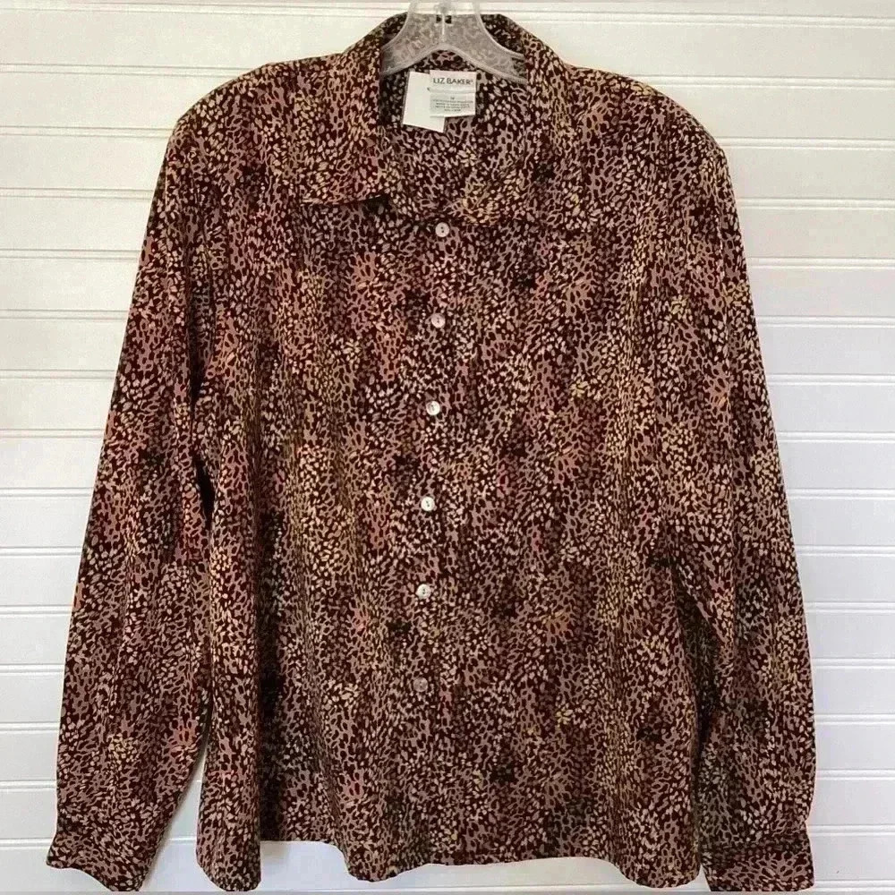 Liz Baker Blouse Cheetah Leopard Animal Print  Brown&Tan Long Sleeve  Sz 18